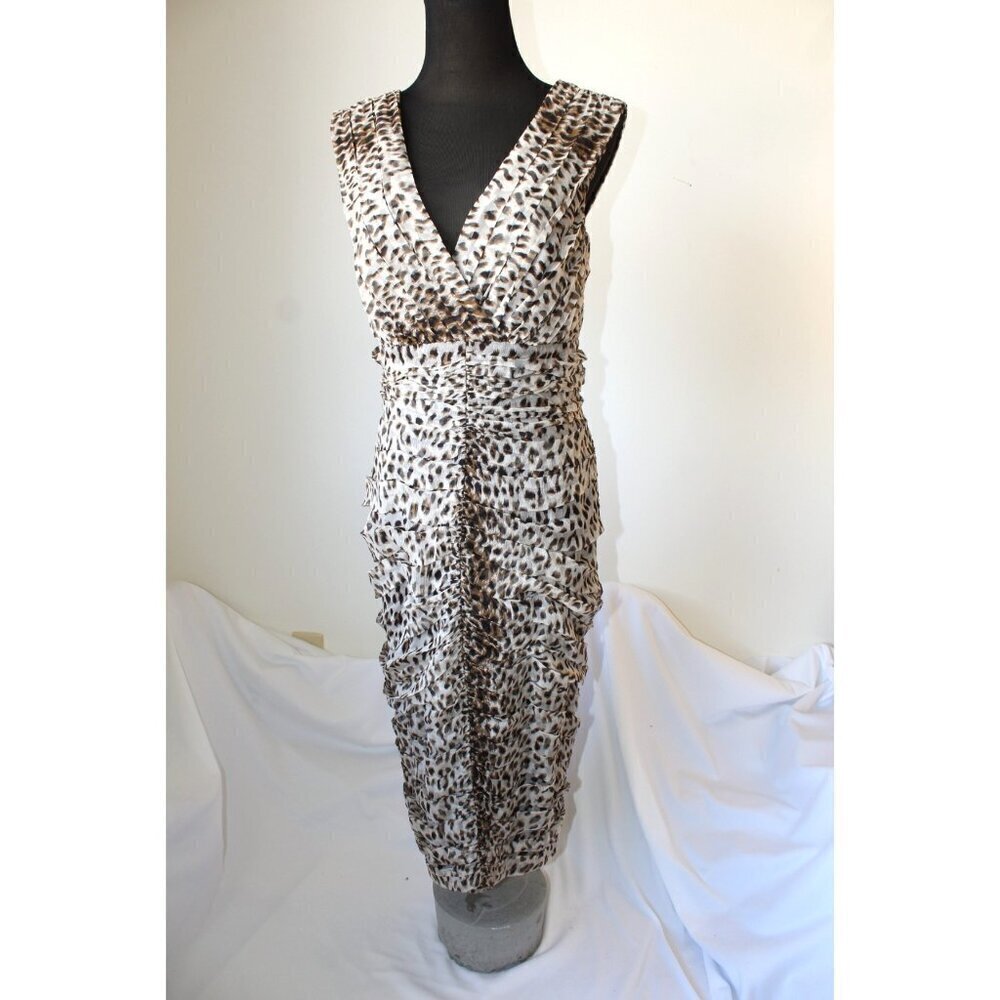 VTG Tadashi Leopard Print Knee Length Dress Ruched 12 Silk Sleeveless Y2K Preppy